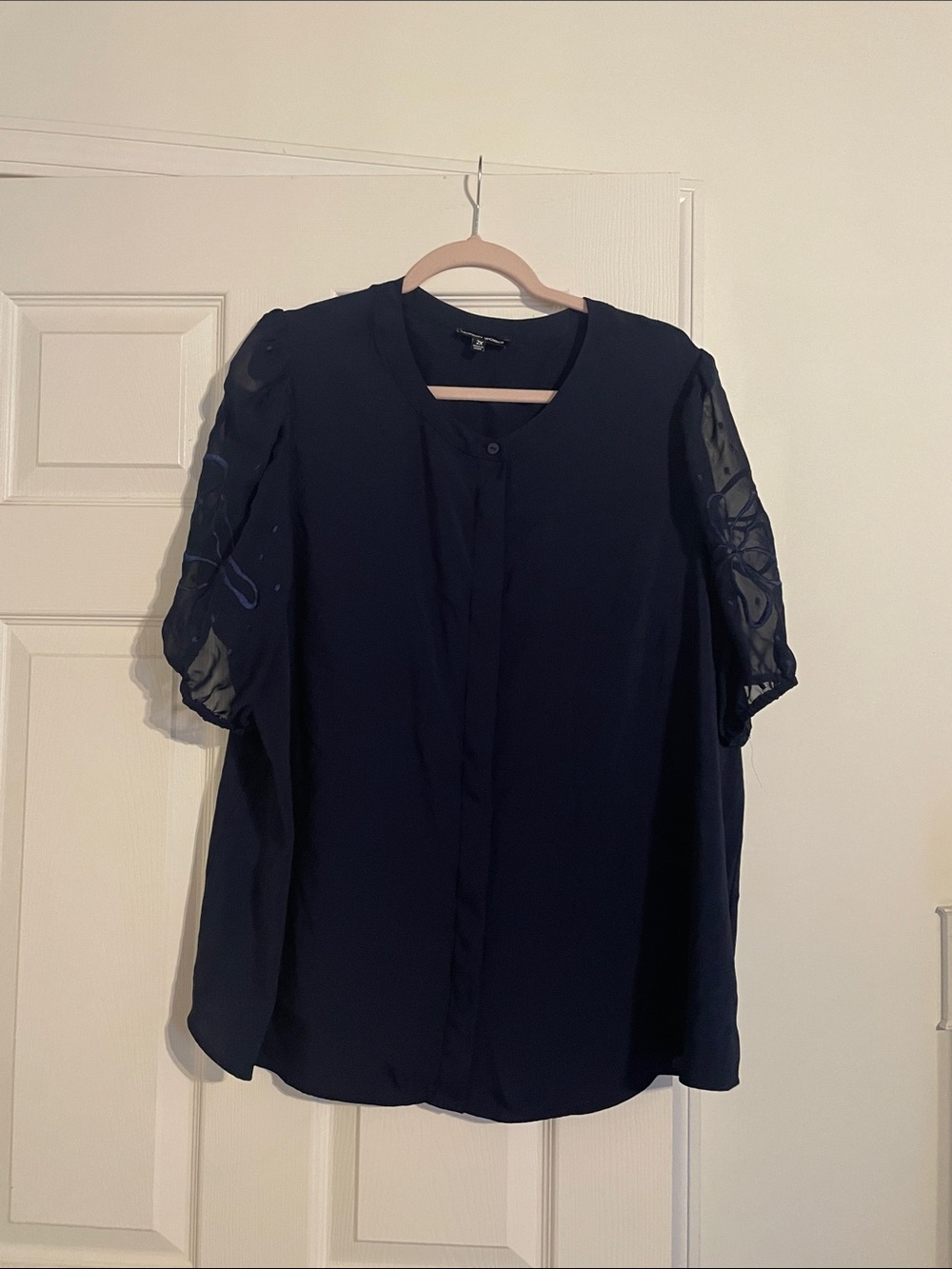 Lightweight Navy Blouse with Sheer Embroidered Short Sleeves